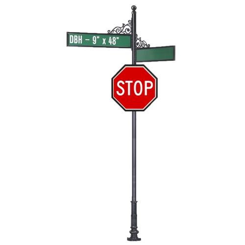 custom sign post with stop sign and street signs above