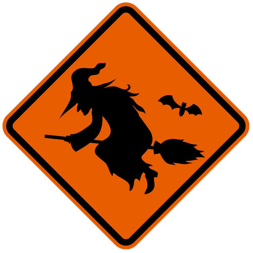 Witch silhouette on orange sign